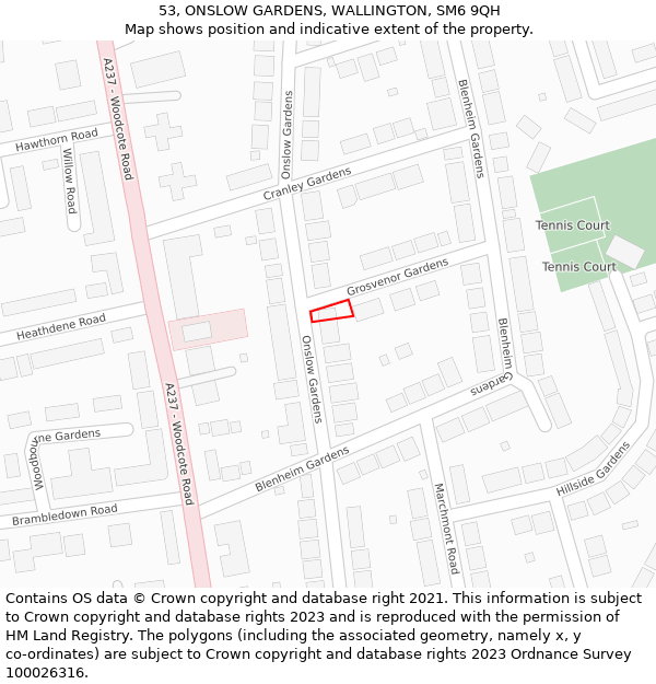 53, ONSLOW GARDENS, WALLINGTON, SM6 9QH: Location map and indicative extent of plot