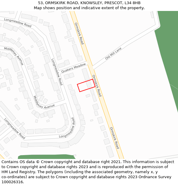 53, ORMSKIRK ROAD, KNOWSLEY, PRESCOT, L34 8HB: Location map and indicative extent of plot