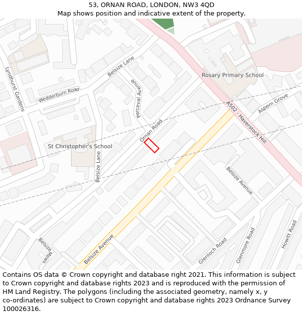 53, ORNAN ROAD, LONDON, NW3 4QD: Location map and indicative extent of plot