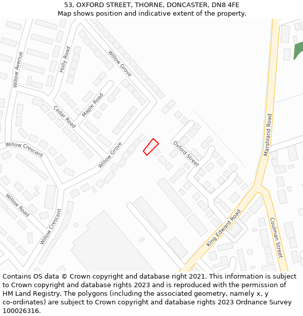 53, OXFORD STREET, THORNE, DONCASTER, DN8 4FE: Location map and indicative extent of plot
