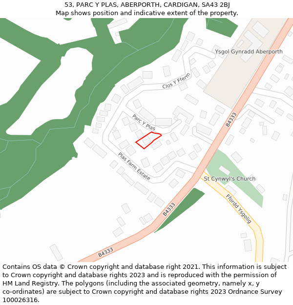 53, PARC Y PLAS, ABERPORTH, CARDIGAN, SA43 2BJ: Location map and indicative extent of plot