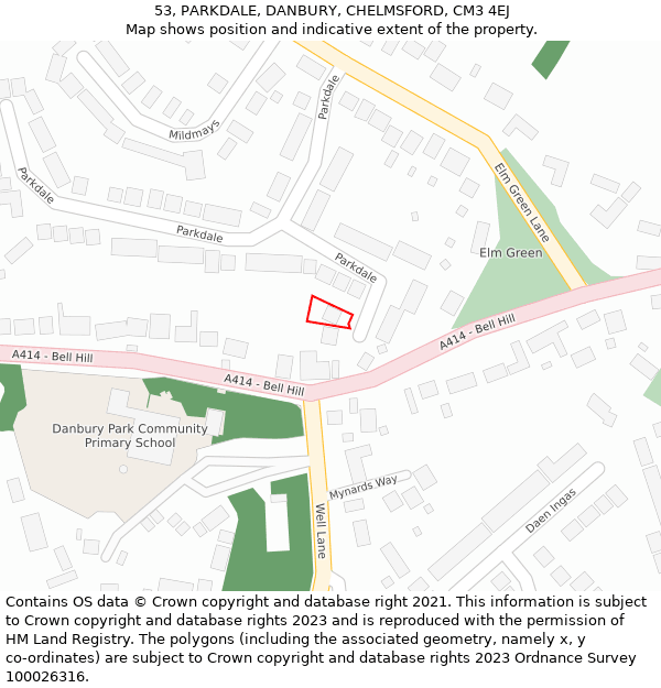 53, PARKDALE, DANBURY, CHELMSFORD, CM3 4EJ: Location map and indicative extent of plot