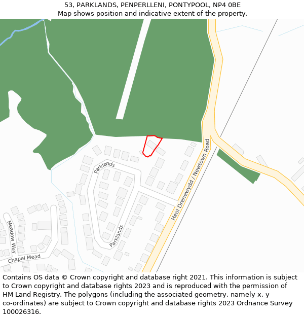 53, PARKLANDS, PENPERLLENI, PONTYPOOL, NP4 0BE: Location map and indicative extent of plot