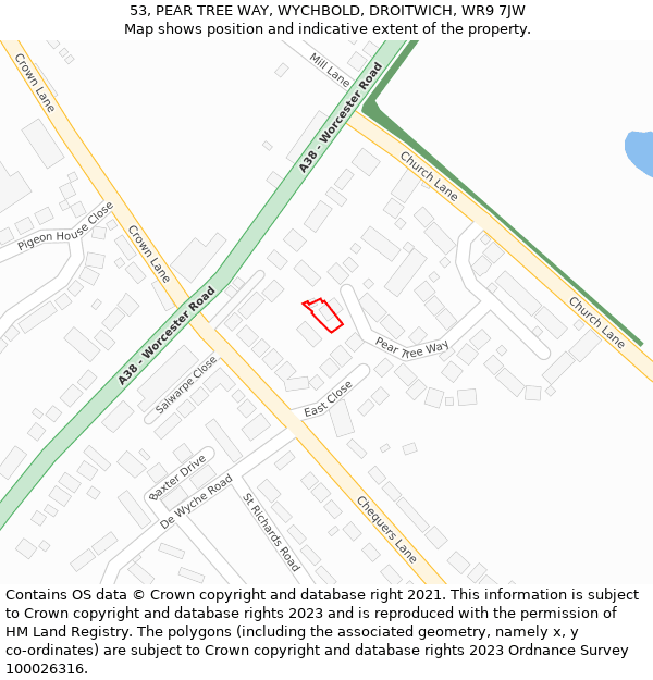 53, PEAR TREE WAY, WYCHBOLD, DROITWICH, WR9 7JW: Location map and indicative extent of plot