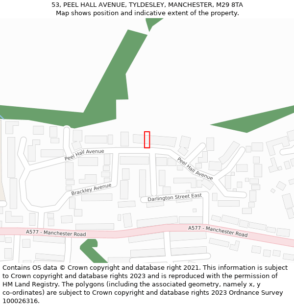 53, PEEL HALL AVENUE, TYLDESLEY, MANCHESTER, M29 8TA: Location map and indicative extent of plot