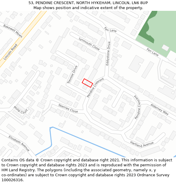 53, PENDINE CRESCENT, NORTH HYKEHAM, LINCOLN, LN6 8UP: Location map and indicative extent of plot