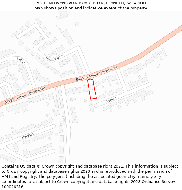 53, PENLLWYNGWYN ROAD, BRYN, LLANELLI, SA14 9UH: Location map and indicative extent of plot