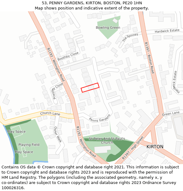 53, PENNY GARDENS, KIRTON, BOSTON, PE20 1HN: Location map and indicative extent of plot