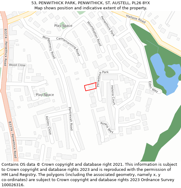 53, PENWITHICK PARK, PENWITHICK, ST. AUSTELL, PL26 8YX: Location map and indicative extent of plot