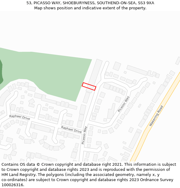 53, PICASSO WAY, SHOEBURYNESS, SOUTHEND-ON-SEA, SS3 9XA: Location map and indicative extent of plot