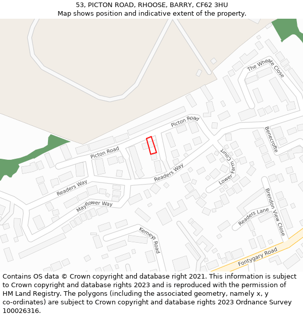 53, PICTON ROAD, RHOOSE, BARRY, CF62 3HU: Location map and indicative extent of plot