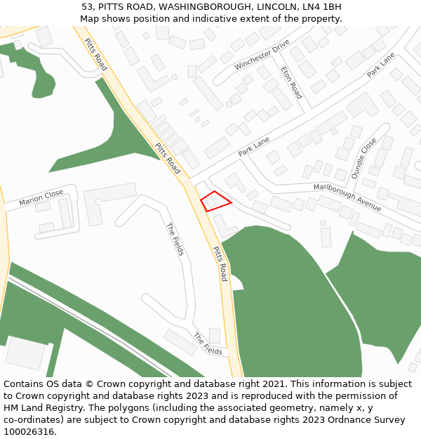 53, PITTS ROAD, WASHINGBOROUGH, LINCOLN, LN4 1BH: Location map and indicative extent of plot