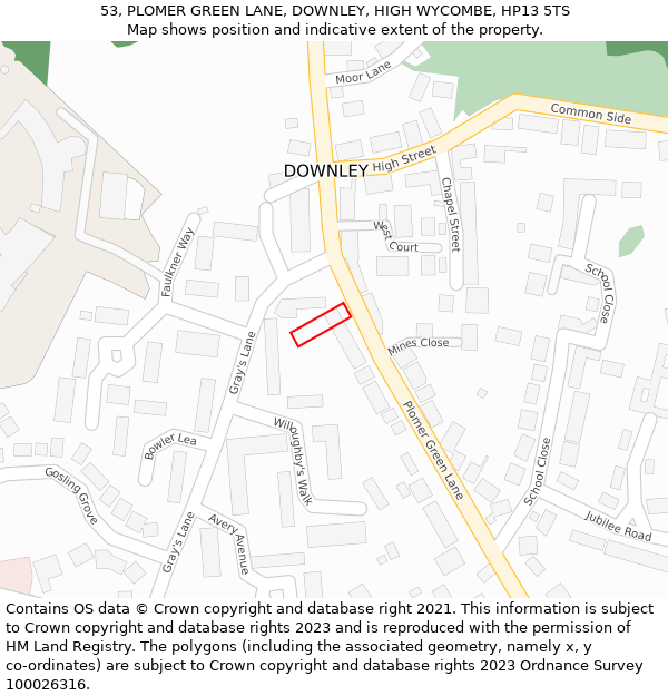 53, PLOMER GREEN LANE, DOWNLEY, HIGH WYCOMBE, HP13 5TS: Location map and indicative extent of plot