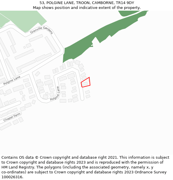53, POLGINE LANE, TROON, CAMBORNE, TR14 9DY: Location map and indicative extent of plot