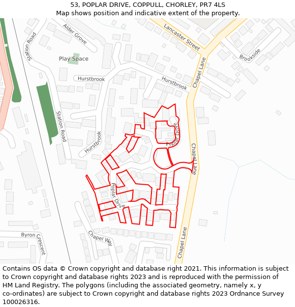 53, POPLAR DRIVE, COPPULL, CHORLEY, PR7 4LS: Location map and indicative extent of plot