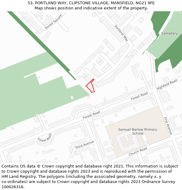 53, PORTLAND WAY, CLIPSTONE VILLAGE, MANSFIELD, NG21 9FE: Location map and indicative extent of plot