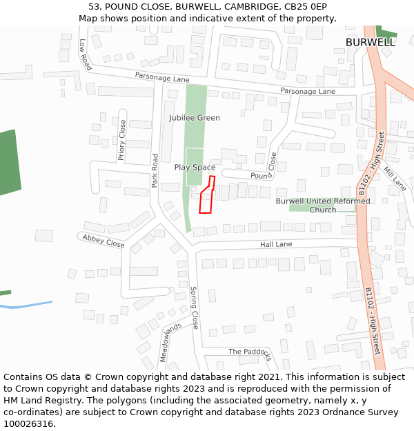 53, POUND CLOSE, BURWELL, CAMBRIDGE, CB25 0EP: Location map and indicative extent of plot