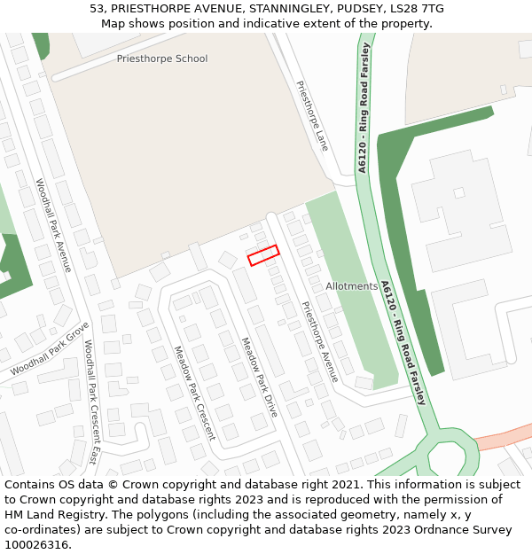 53, PRIESTHORPE AVENUE, STANNINGLEY, PUDSEY, LS28 7TG: Location map and indicative extent of plot