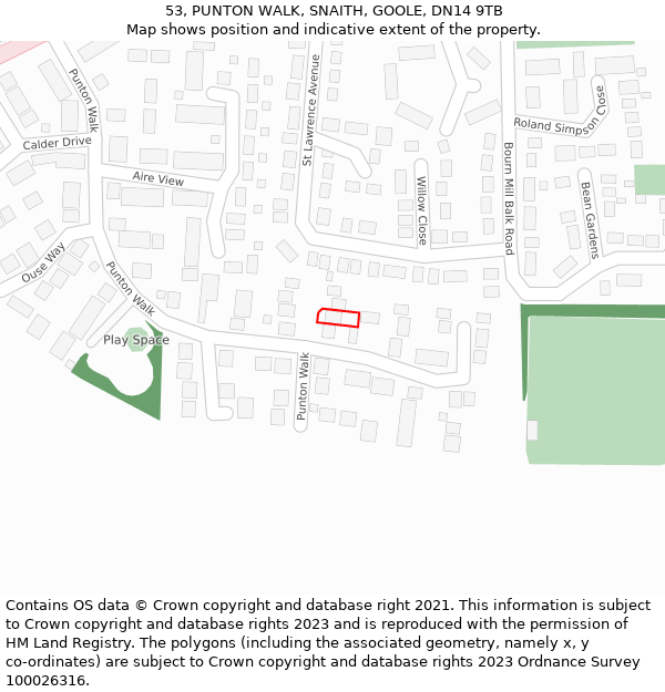 53, PUNTON WALK, SNAITH, GOOLE, DN14 9TB: Location map and indicative extent of plot