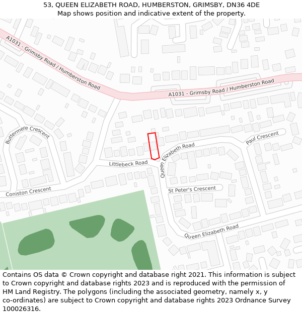 53, QUEEN ELIZABETH ROAD, HUMBERSTON, GRIMSBY, DN36 4DE: Location map and indicative extent of plot