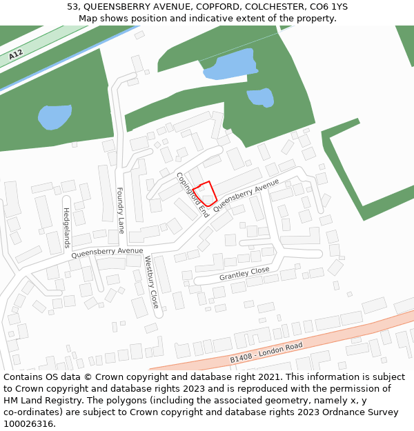 53, QUEENSBERRY AVENUE, COPFORD, COLCHESTER, CO6 1YS: Location map and indicative extent of plot