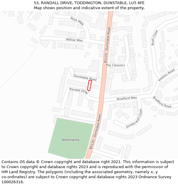 53, RANDALL DRIVE, TODDINGTON, DUNSTABLE, LU5 6FE: Location map and indicative extent of plot