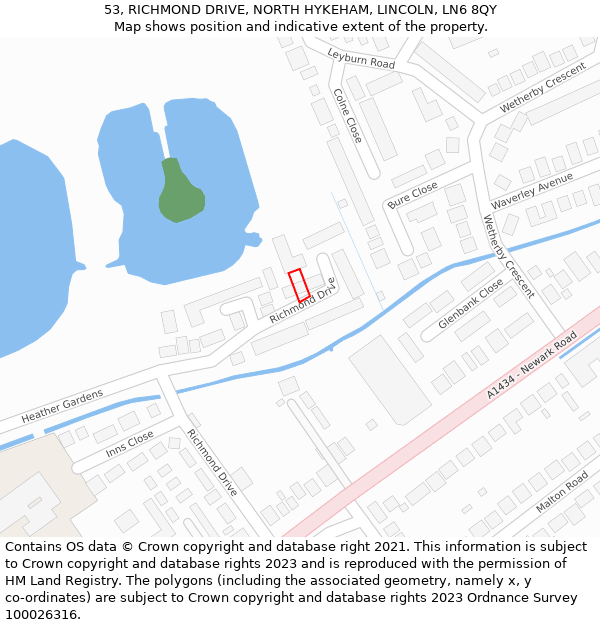 53, RICHMOND DRIVE, NORTH HYKEHAM, LINCOLN, LN6 8QY: Location map and indicative extent of plot