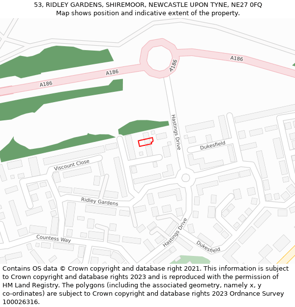 53, RIDLEY GARDENS, SHIREMOOR, NEWCASTLE UPON TYNE, NE27 0FQ: Location map and indicative extent of plot