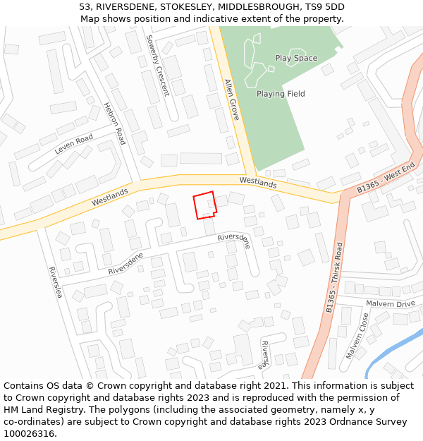 53, RIVERSDENE, STOKESLEY, MIDDLESBROUGH, TS9 5DD: Location map and indicative extent of plot