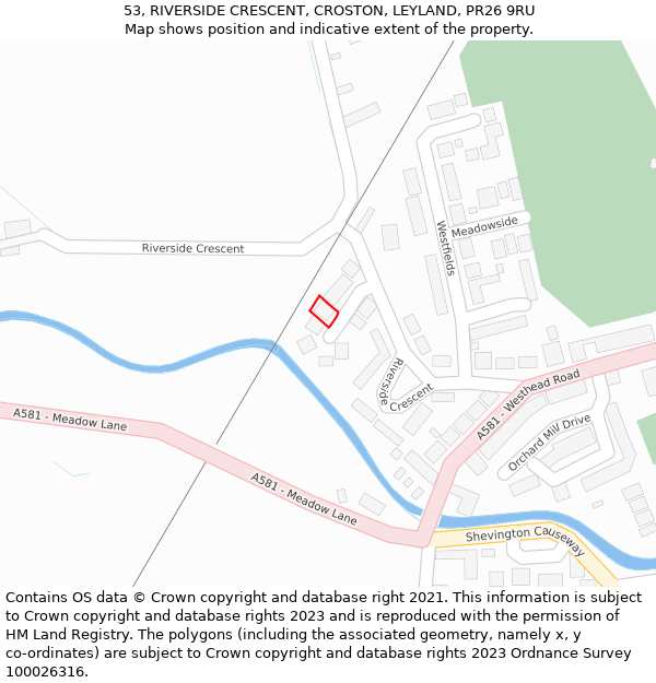 53, RIVERSIDE CRESCENT, CROSTON, LEYLAND, PR26 9RU: Location map and indicative extent of plot