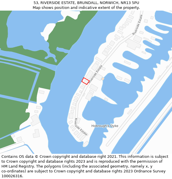 53, RIVERSIDE ESTATE, BRUNDALL, NORWICH, NR13 5PU: Location map and indicative extent of plot