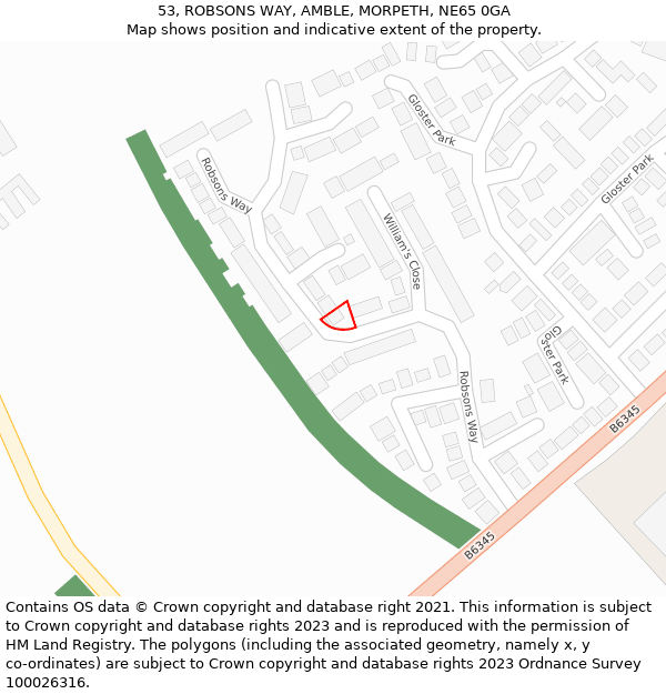 53, ROBSONS WAY, AMBLE, MORPETH, NE65 0GA: Location map and indicative extent of plot