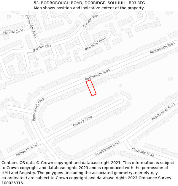 53, RODBOROUGH ROAD, DORRIDGE, SOLIHULL, B93 8EG: Location map and indicative extent of plot