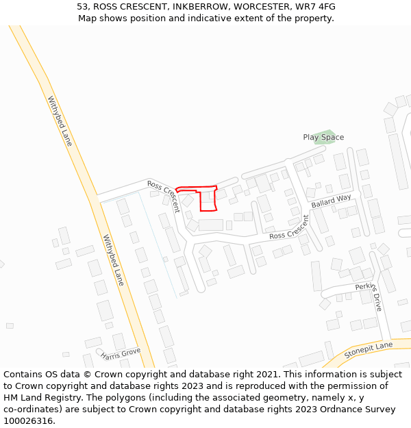 53, ROSS CRESCENT, INKBERROW, WORCESTER, WR7 4FG: Location map and indicative extent of plot