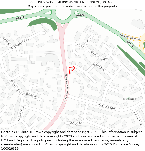 53, RUSHY WAY, EMERSONS GREEN, BRISTOL, BS16 7ER: Location map and indicative extent of plot