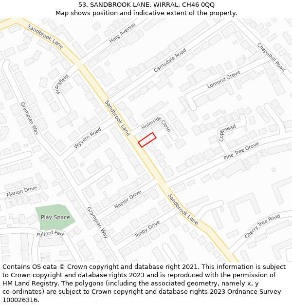 53, SANDBROOK LANE, WIRRAL, CH46 0QQ: Location map and indicative extent of plot