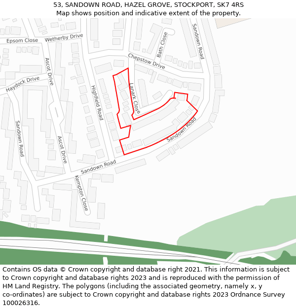53, SANDOWN ROAD, HAZEL GROVE, STOCKPORT, SK7 4RS: Location map and indicative extent of plot