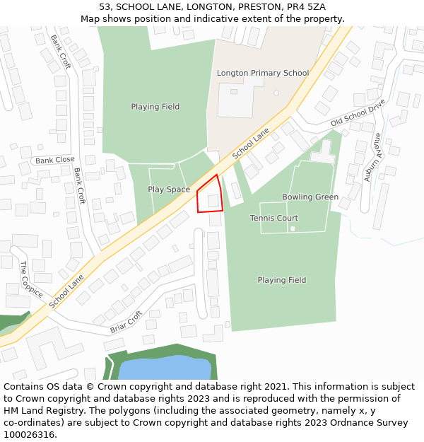 53, SCHOOL LANE, LONGTON, PRESTON, PR4 5ZA: Location map and indicative extent of plot