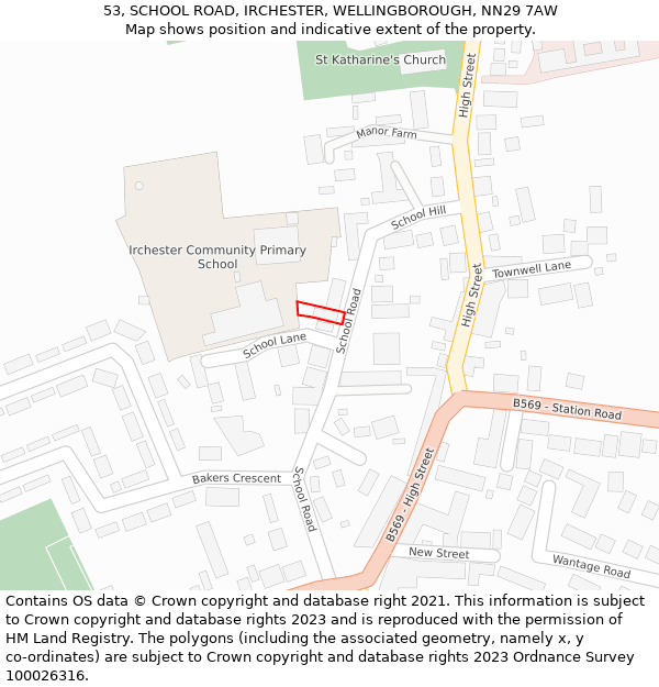 53, SCHOOL ROAD, IRCHESTER, WELLINGBOROUGH, NN29 7AW: Location map and indicative extent of plot