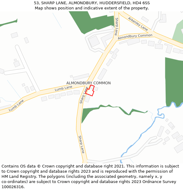 53, SHARP LANE, ALMONDBURY, HUDDERSFIELD, HD4 6SS: Location map and indicative extent of plot