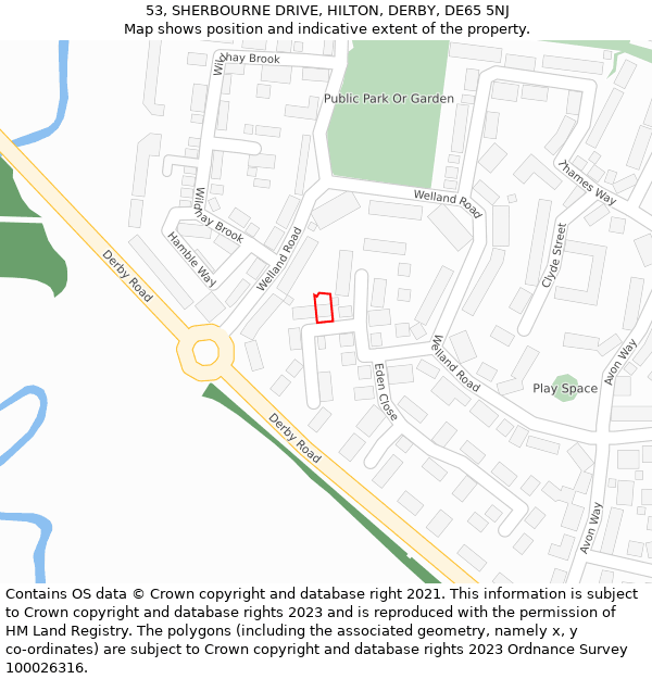 53, SHERBOURNE DRIVE, HILTON, DERBY, DE65 5NJ: Location map and indicative extent of plot