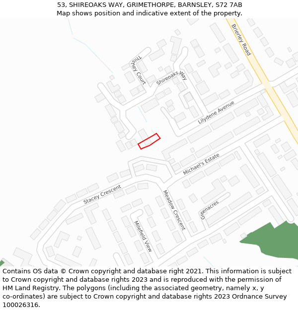 53, SHIREOAKS WAY, GRIMETHORPE, BARNSLEY, S72 7AB: Location map and indicative extent of plot