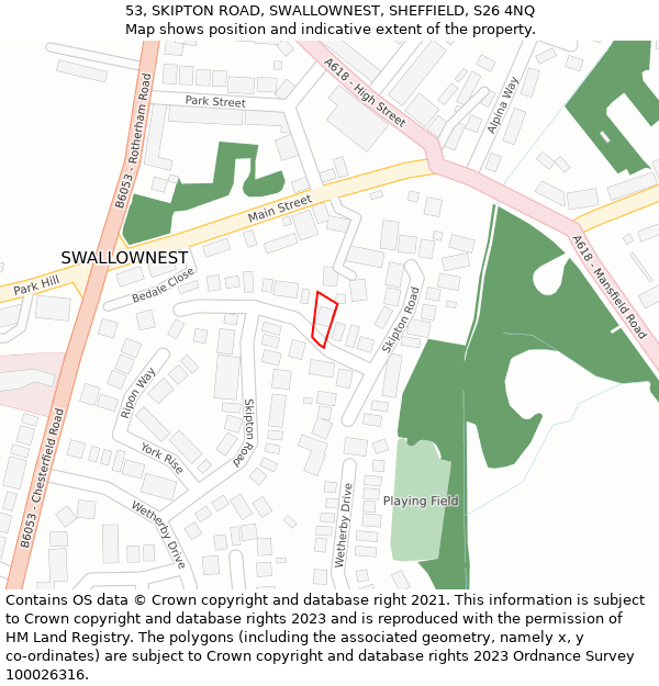 53, SKIPTON ROAD, SWALLOWNEST, SHEFFIELD, S26 4NQ: Location map and indicative extent of plot