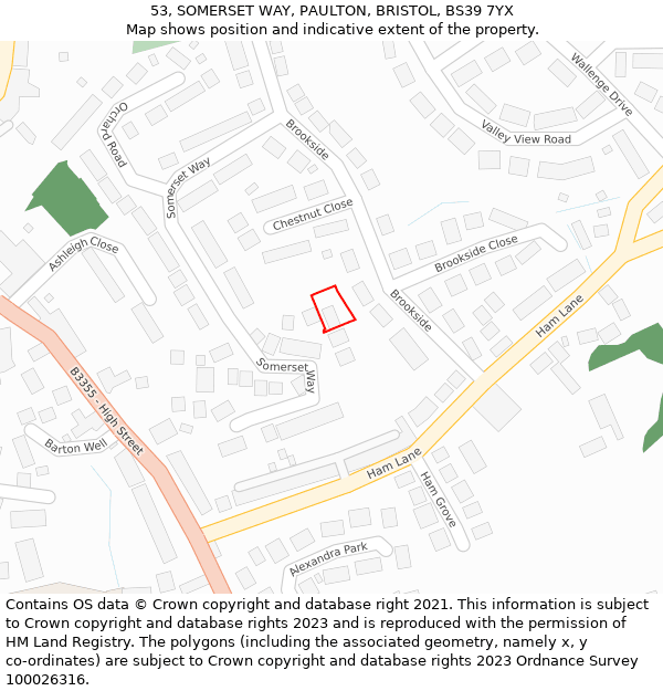 53, SOMERSET WAY, PAULTON, BRISTOL, BS39 7YX: Location map and indicative extent of plot