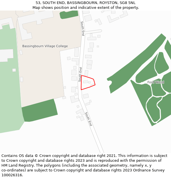 53, SOUTH END, BASSINGBOURN, ROYSTON, SG8 5NL: Location map and indicative extent of plot