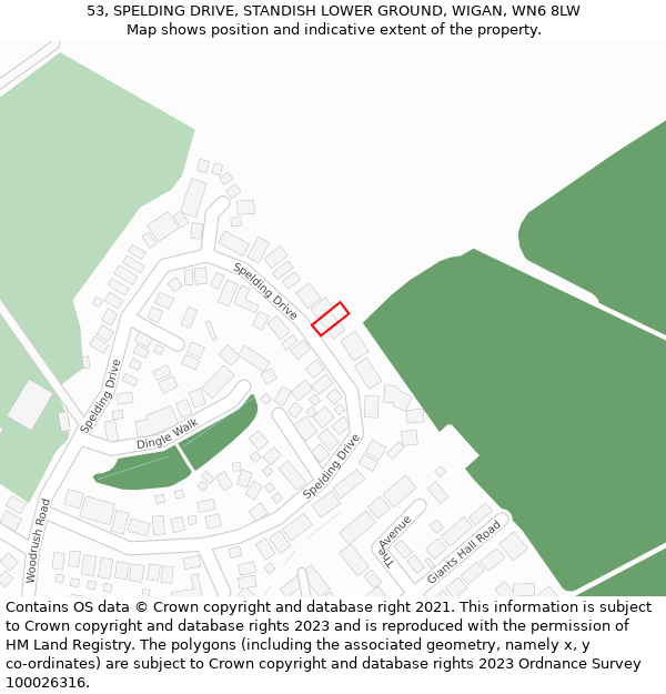 53, SPELDING DRIVE, STANDISH LOWER GROUND, WIGAN, WN6 8LW: Location map and indicative extent of plot