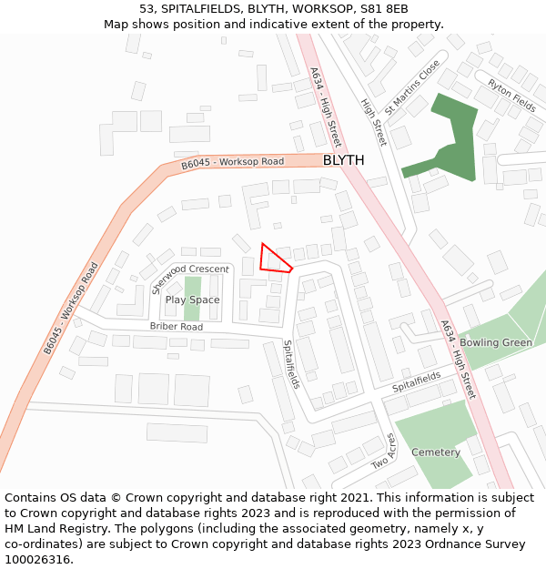 53, SPITALFIELDS, BLYTH, WORKSOP, S81 8EB: Location map and indicative extent of plot