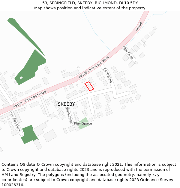 53, SPRINGFIELD, SKEEBY, RICHMOND, DL10 5DY: Location map and indicative extent of plot