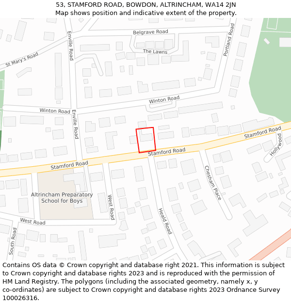 53, STAMFORD ROAD, BOWDON, ALTRINCHAM, WA14 2JN: Location map and indicative extent of plot