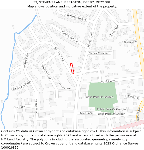 53, STEVENS LANE, BREASTON, DERBY, DE72 3BU: Location map and indicative extent of plot